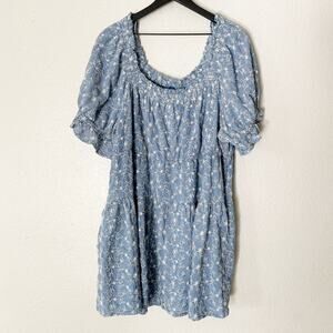 Old Navy Dress Womens Mini Crafted Square‎ Neck Embroidered Puff Sleeve Blue XXL